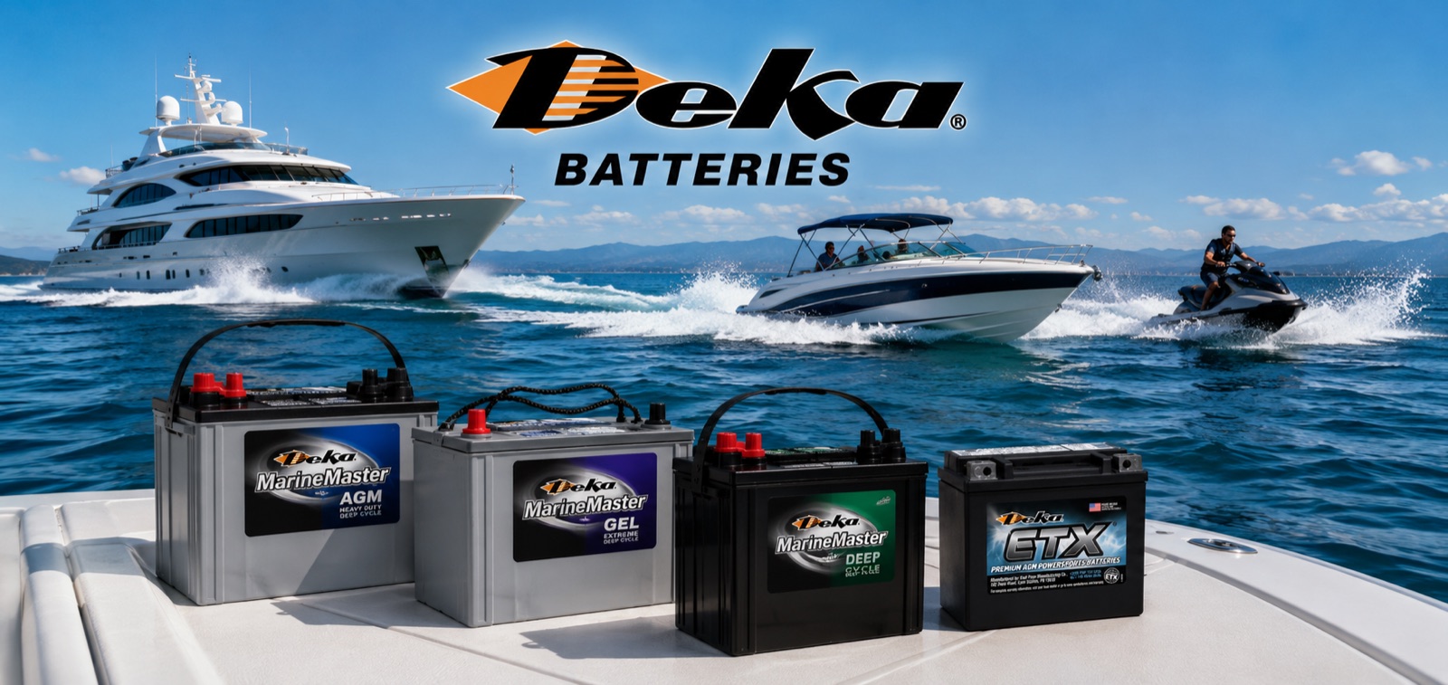Línea completa Deka: Marine Master AGM, GEL y ciclo profundo, más la ETX AGM para motos acuáticas, con un yate, una lancha deportiva y un jet ski al fondo